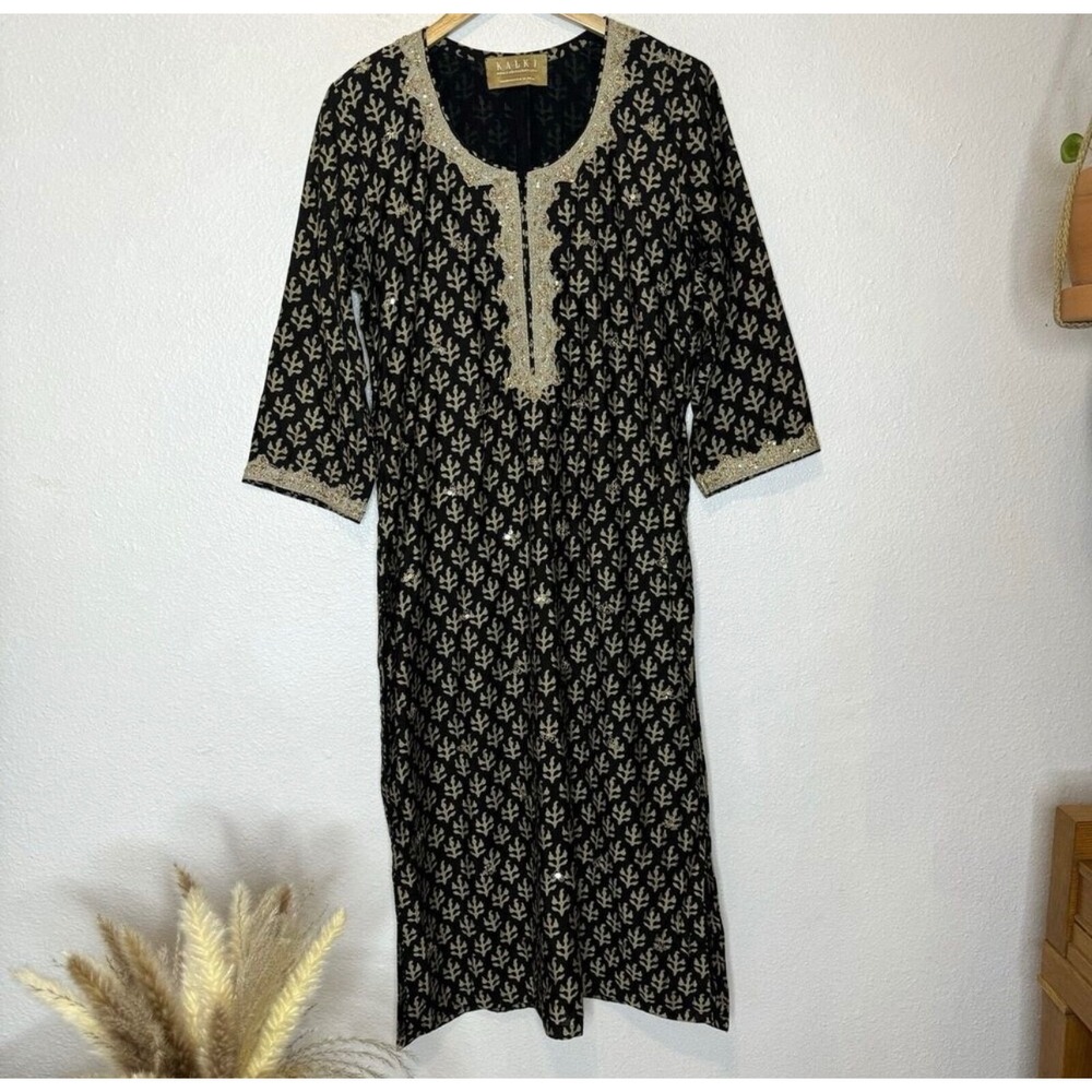 Kalki Kurta Tunic Dress Chocolate Brown Gold Sequin Accents‎ Lined Handcrafted